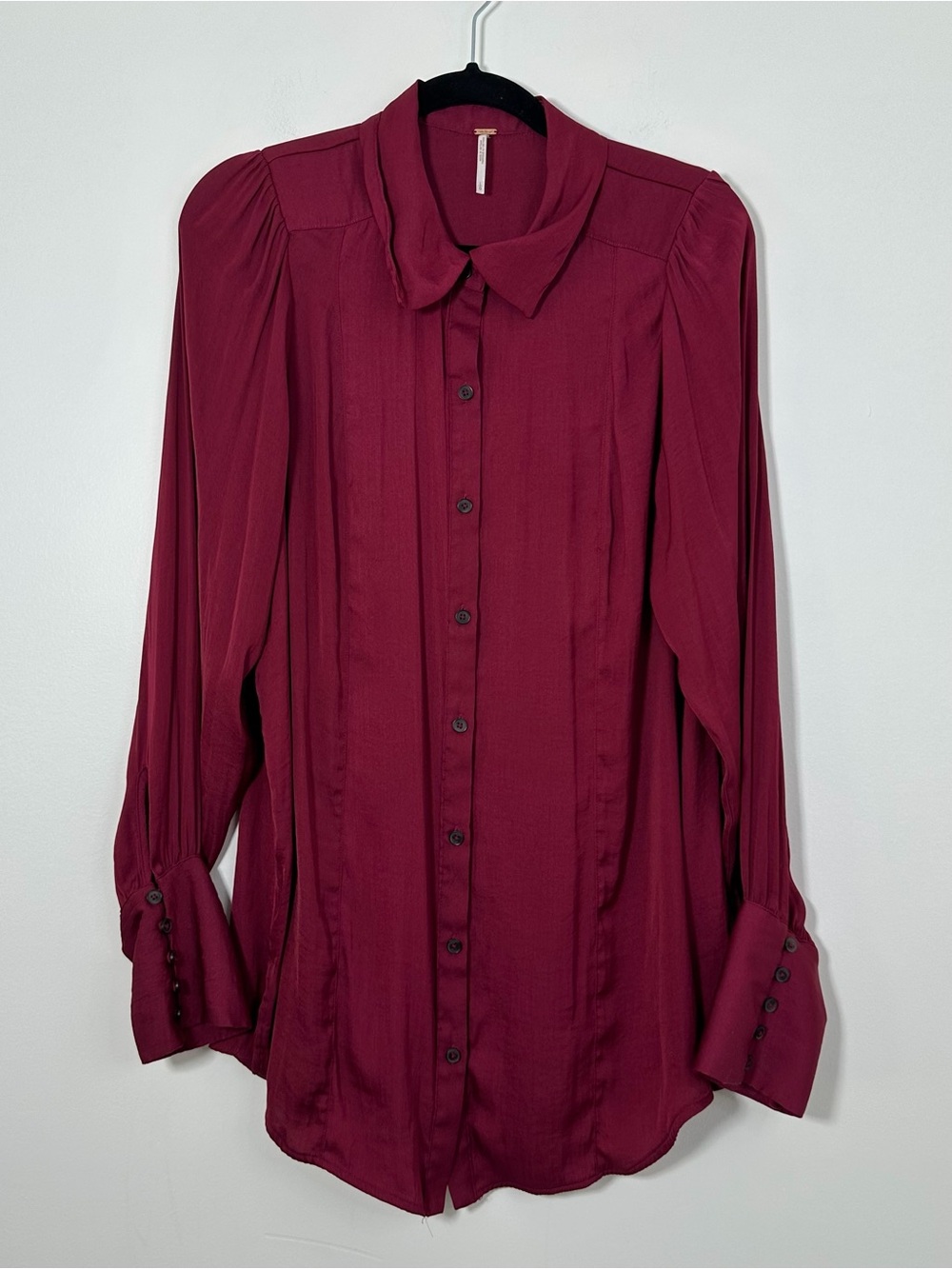 Free People Burgundy Button Front Blouse Women’s Large Puff Sleeve Cuff Top
